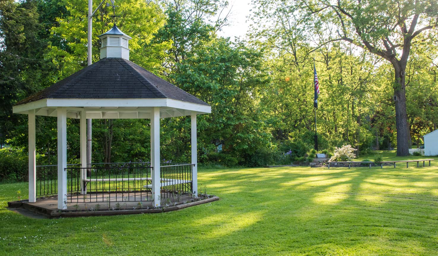 A pavilion near a war memorial